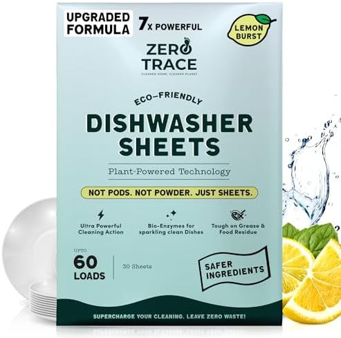 Zero Trace Dishwasher Detergent Eco-Friendly Sheets for Dish Washing - Plant Powered Technology - Lemon Scent - 60 Loads by ZeroTrace
