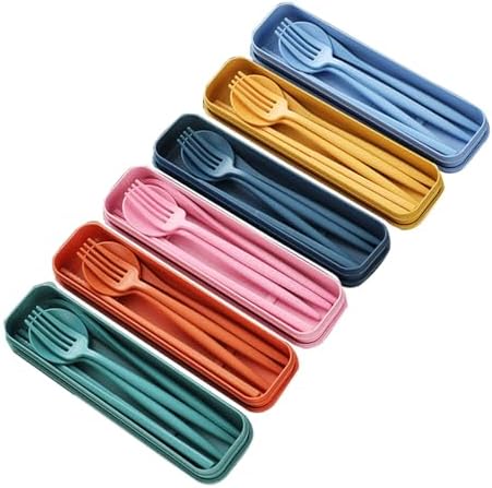 6 Pack Wheat Straw Cutlery, Portable Travel Utensils Spoon Fork Knife, Reusable Flatware Set with Case for Travel Office Lunch Camping Daily Use(6 Colors) by Tneene