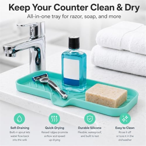 MicoYang Silicone Soap Dish with Drain Spout — Self-Draining Double Sink Organizer Tray for Kitchen & Bathroom, Dispensers, Sponges & Soap Holder, Non-Slip & Dishwasher Safe, Mint (Large, 12"×4") - Image 6