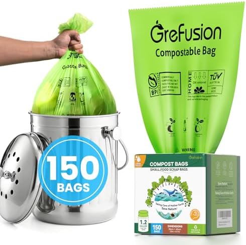 GreFusion Compostable Trash Bags for Kitchen Compost Bin 1.2 Gallon,150 Count,Compost Bags Small for Food Scrap Waste Bags for Countertop Bin Certified by BPI,ASTM D6400 and OK Compost by GreFusion
