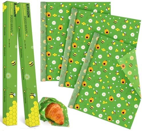 Beeswax Food Wraps 3 Roll 13 x 39 Inch Reusable Beeswax Wraps Eco-Friendly Sustainable Food Storage Wraps for Sandwich, Cheese, Fruit, Bread, Snacks by ERKOON