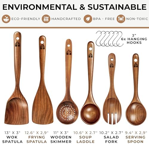 Wooden Spoons for Cooking 6 Pcs, Teak Wooden Utensil Set with Hanging Hooks - Image 4