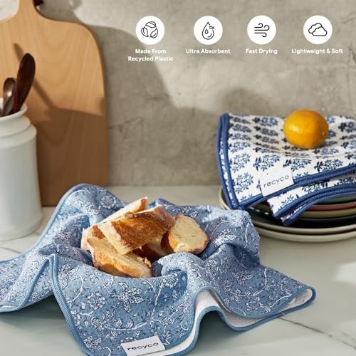 RECYCO Waffle Kitchen Towel Set of 2 - Quick Dry Microfiber Sustainable Dish Towels - Ultra Absorbent Reusable Cleaning Tea Towels - Lightweight Hand Towels,16”x 28”, Porcelain Blue - Image 2