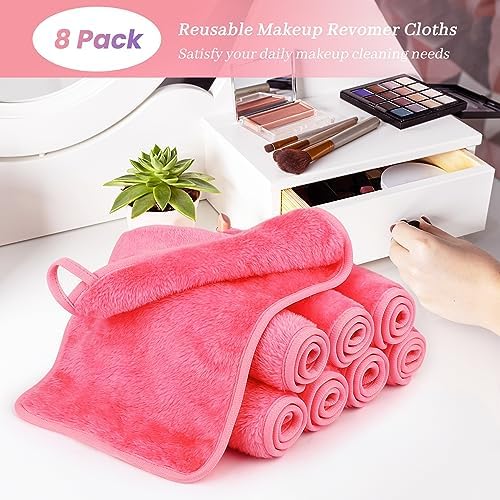 Reusable Makeup Remover Cloths 8 Pack, Ultra Soft Microfiber Facial Cleansing Cloths, Washable Makeup Remover Towels for All Skin Types,13x7 inch,Pink - Image 6