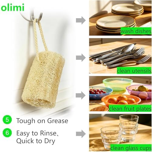 OLIMI Natural Luffa Scrubber for Dishes (4-Pack), 100% Loofah Sponge for Kitchen Cleaning, Non-Scratch Scrub Pads for Pots Pans Glass, 12cm/4.7 inch Each, Eco-Friendly Dishwashing Tools - Image 4
