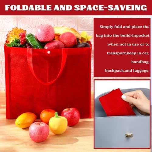 Zhehao 60 Pcs Reusable Grocery Bags Bulk Large Foldable Shopping Tote Bags Non Woven with Handle and Plastic Button(Red) - Image 5