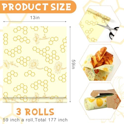 3 Rolls Reusable Beeswax Food Wrap, 13'' x 59'' - Image 2