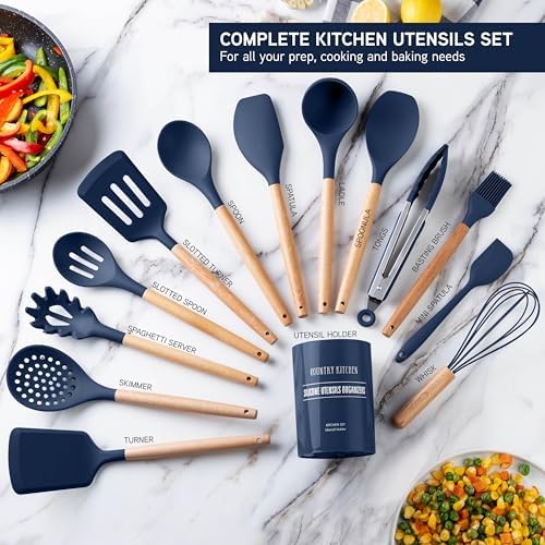 Country Kitchen Non Stick Silicone Utensil Set with Rounded Wood Handles for Cooking and Baking, 14 Piece Set, Navy - Image 2