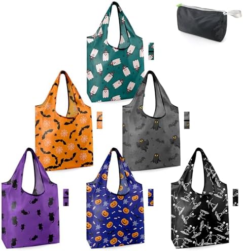 BeeGreen Halloween Bags Spooky Boo Basket Party Reusable Grocery Bags 6 Pack Trick or Treat, Halloween Pumpkin Spiders Ghost Skeleton Black Cat Bat Shopping Bags 50LBS Large by BeeGreen