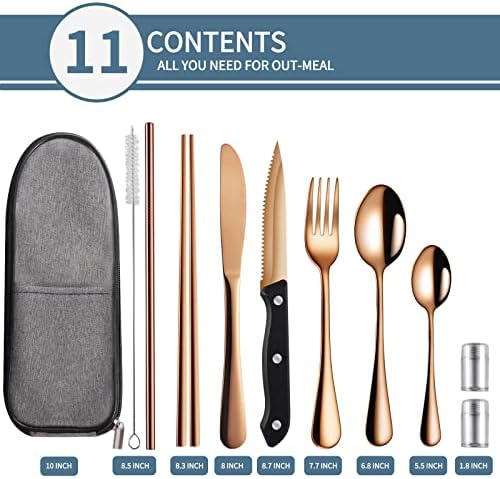 Logcow Travel Utensils Set with Case, 10-Piece Reusable Stainless Steel Camping Cutlery, Portable Fork Spoon Knife Chopsticks & Straw for Work, Lunch, Picnic (Rose Gold) - Image 2