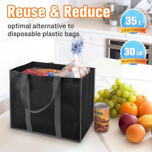 WISELIFE Reusable Grocery Bags, Foldable, Lasting Use, 35L, 4 Pack, Black - Image 4