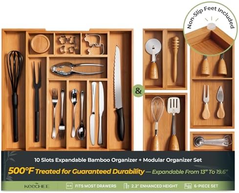 keechee 6-Piece Bamboo Drawer Organizer Set, 2.2" Deep Multi-Use Organizers for Utensils, Silverware, Cutlery, Desk, Bathroom, Junk Drawer & Makeup, Non-Slip Feet Included. by Keechee
