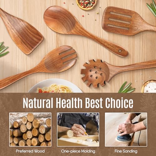 5 Pcs Natural Teak Wooden Spoons for Cooking, Non Toxic Wooden Utensil Set - Image 2