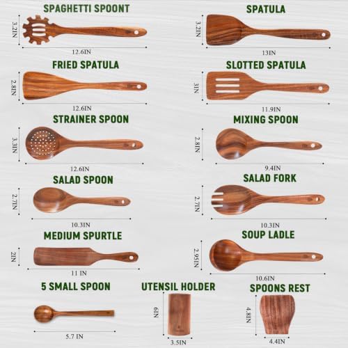 17 Piece Wooden Kitchen Utensils Set, Natural Teak Wooden Utensils Set, Handmade Wood Cooking Utensils with Holder and Spoon, Durable Nonstick, Comfort Grip Wood Cookware Tool - Image 4