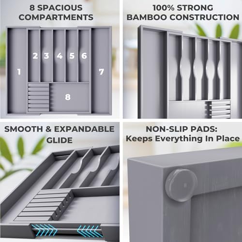 Premium Expandable Kitchen Drawer Organizer - 100% Bamboo Organizer Tray - Great for Silverware, Large Utensils, Flatware, Cutlery - 8 Compartments with Knife Block - Perfectly Fits Your Drawers - Image 3
