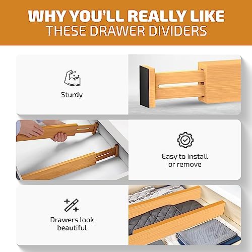 Bambüsi 4-Pack Drawer Divider - 2.6" High, 16" to 22" Adjustable Bamboo Drawer Organizers for Clothes, Expandable Dresser Separators in Bedroom/Bathroom/Kitchen/Office Organization and Storage - Image 5