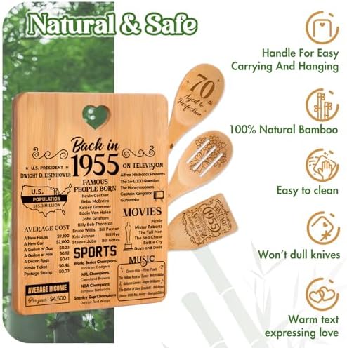 70th Birthday Gifts for Women - "Back in 1955" 70th Birthday Gifts for Men Cutting Board, Bamboo-Made Engraved "Year 1955 News" 70th Birthday Gifts - Image 4