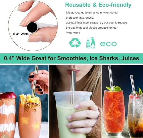 Vinaco 4 Pack 0.4" Wide Bore Reusable Stainless Steel Metal Smoothie Straws - Image 2