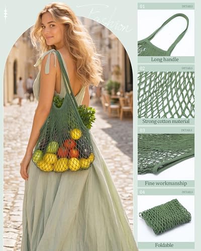 Eccliy 12Pcs Reusable Cotton Mesh Grocery Bag with Handle, Green, 10 in - Image 4