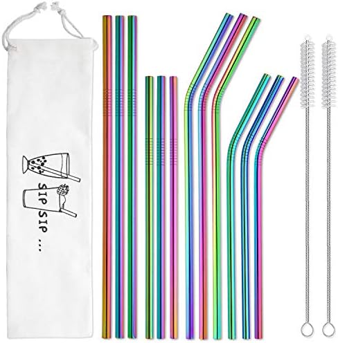 Hiware 12-Pack Rainbow Metal Straws Reusable with Case - Stainless Steel Drinking Straws for 30oz and 20oz Tumblers Dishwasher Safe, 2 Brushes Included by HIWARE