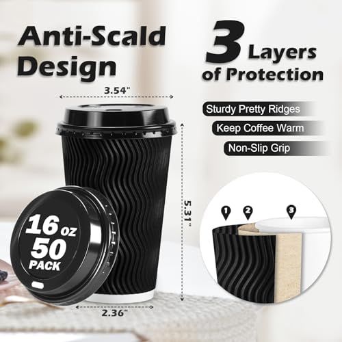 Lamosi 16 oz Disposable Coffee Cups with Lids, 100 Pack Insulated Hot Cups To Go Paper Coffee Cups with Lids and Straws, Corrugated Ripple Wall Cup for Hot Drink, Office, Coffee Bar (Black) - Image 2