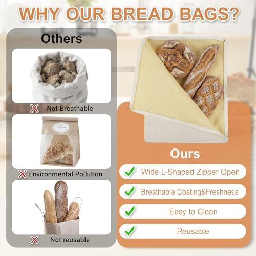 Beeswax Sourdough Bread Bags for Homemade Bread (2 Pack) – Wide Opening Zipper Seal, XL Reusable Cotton Sourdough Bread Bags to Keep Freshness, Natural Bees Wax Lining Bag for Artisan Loaf - Image 3