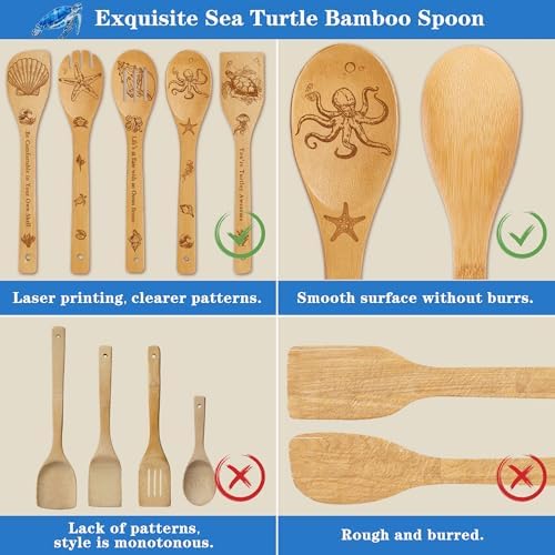 6 PCS Ocean Bamboo Cooking Spoon Set with Utensil Holder,Coastal Themed Kitchen Decor,Beach Accessories Gift for Women,Sea Turtle Lovers,Mother's Day,Housewarming,Birthday,Easter Gifts - Image 4