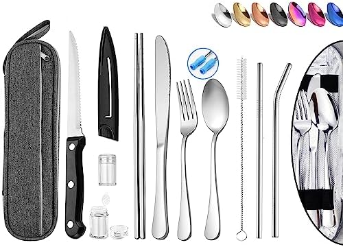 Portable Reusable Travel Utensils Silverware with Case,Camping Cutlery set,Chopsticks and Straw, Flatware Cutlery Set with Case, Stainless steel Travel Utensil set Top (Silver) by HOMMALY