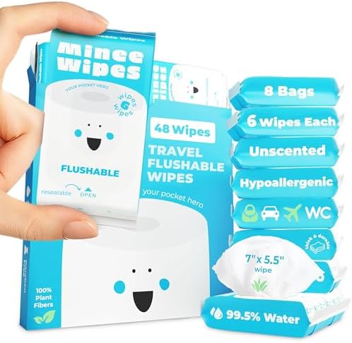 Impossibly Compact Travel Flushable Wipes - 99.5% Water and Aloe - Safe for Sensitive Skin & Hypoallergenic - Travel Essentials for Adults & Kids, Unscented, 8 Pack 48 Wipes by MINEEWIPES