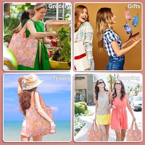 HOLYLUCK Reusable Grocery Bags,Heavy Duty Foldable Shopping Tote Bag (Standard, Pink floral) - Image 2