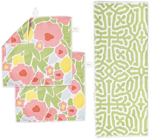 ELYN Microfiber Kitchen Dish Towel & Dish Cloth Set, Quick-Dry & Absorbent Waffle Weave Cleaning Cloths, Set of One Kitchen Towel & Two Washcloths, Paper Towels Alternative (Bold Floral & Geo) by ELYN