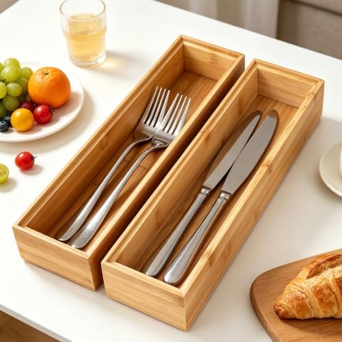 Kitchen Bamboo Drawer Organizer Set of 2, Small Narrow Stackable Drawer Organizer for Silverware, Utensils, Cutlery, Flatware, Junk Drawer, Dresser, Bathroom, 12" x 3" x 2" - Image 2