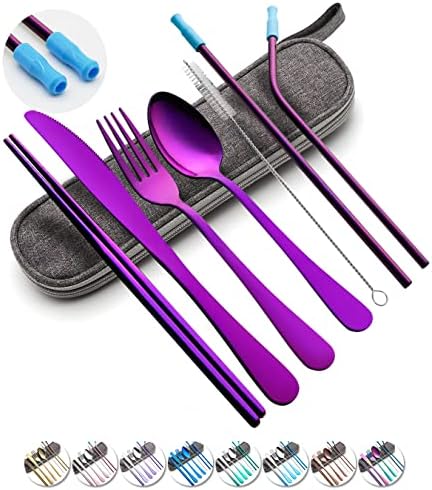 Travel Utensils Set with Case Reusable Portable Cutlery Set Stainless Steel 8pcs Including Dinner Knife Fork Spoon Chopsticks straws (Purple) by OASMU