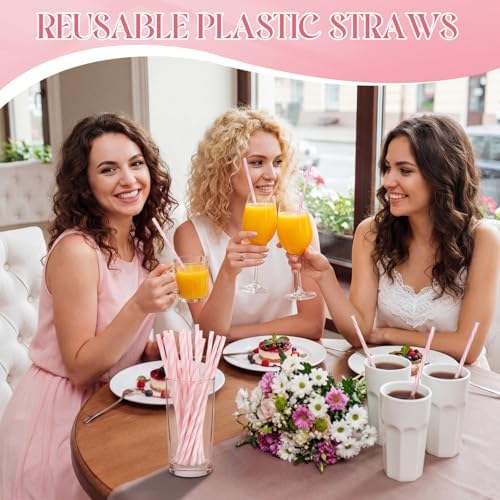 Honeydak 50 Pcs Reusable Plastic Straws Bulk,Pink and White Striped - Image 5