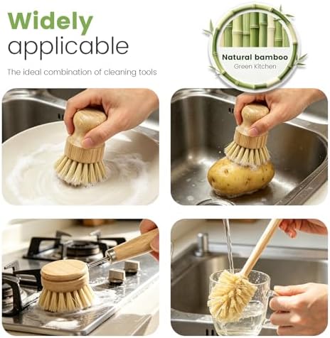Bamboo Dish Brush Set, Natural Sisal Kitchen Scrubber for Plate Glass Bottle Frying Pan Reusable Wooden Washing up Brush with Replacement Head No Plastic 5 Pack - Image 7