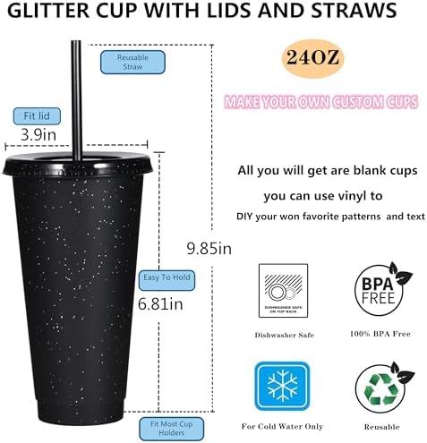 Suertestarry Tumbler with Straw and Lid,Water Bottle Iced Coffee Travel Mug Cup,Reusable Plastic Cups,Perfect for Parties,Birthdays,24oz-10 Pack (Black Glitter, 10 pack) - Image 2