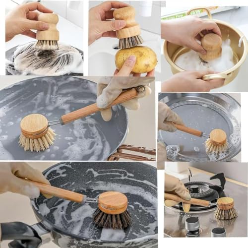 Wooden Dish Brush Set Clean Pots Bamboo Dish Brush - 1 Long Handle Dish Brush and 2 Palm Scrubbing Brush Scrub Brush for Pots, Pans & Dishes,Plastic Free Washing Up, Zero Waste Cleaning (3 Pack) - Image 3
