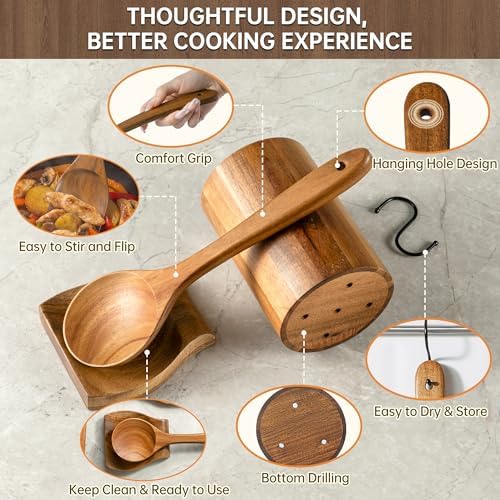 12 PCS Natural Acacia Wooden Utensil Set Wooden Spoons for Cooking - Image 6
