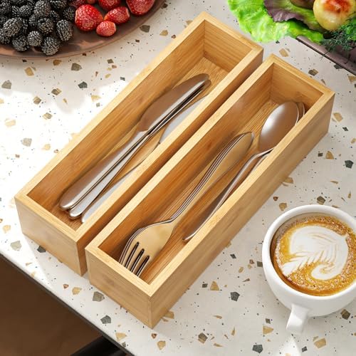BAMEOS Kitchen Drawer Organizer,Small Silverware Drawer Organizer,Bamboo Utensil Organizer for Bathroom, Dressing Room, Office, Pantry (Natural, 11"x 3") Set of 2 - Image 7