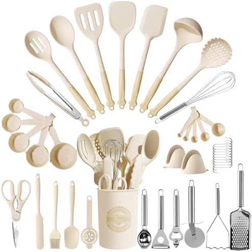 Kikcoin 43 PCS Silicone Kitchen Utensils Set, Dishwasher Safe Kitchen Cooking Utensils Set, 446°F Spatulas Silicone Heat Resistant, Non Toxic Silicone Utensils Set With Two-Tone Grip Handles, Cream by Kikcoin