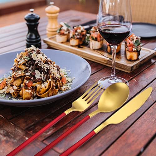 AARainbow 8 Pieces Stainless Steel Flatware Set Portable Reusable Cutlery Set Travel Utensils Set Including Chopsticks Knife Fork Spoon Straws Cleaning Brush Dishwasher Safe (B-Red Golden) - Image 5