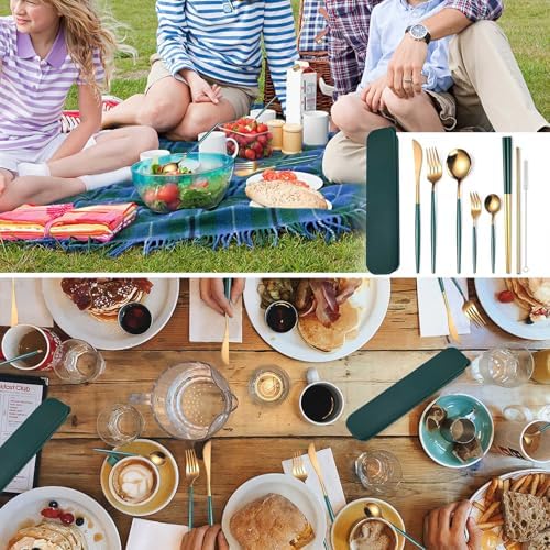 AARAINBOW 8 Pieces Stainless Steel Flatware Set Portable Reusable Cutlery Set Travel Utensils Set Including Chopsticks Knife Fork Spoon Straws Cleaning Brush Dishwasher Safe (Green Golden) - Image 5