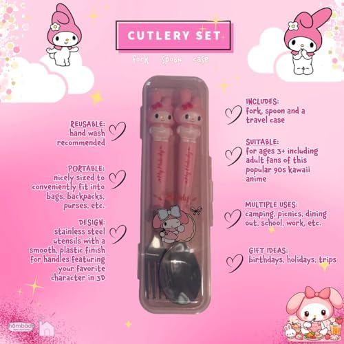 Stainless Steel Cutlery Tableware Flatware Silverware 3 Piece Set Portable Reusable Travel Cute Kawaii Anime Cartoon Dog Bunny for Boys and Girls (Pink Melody) - Image 3