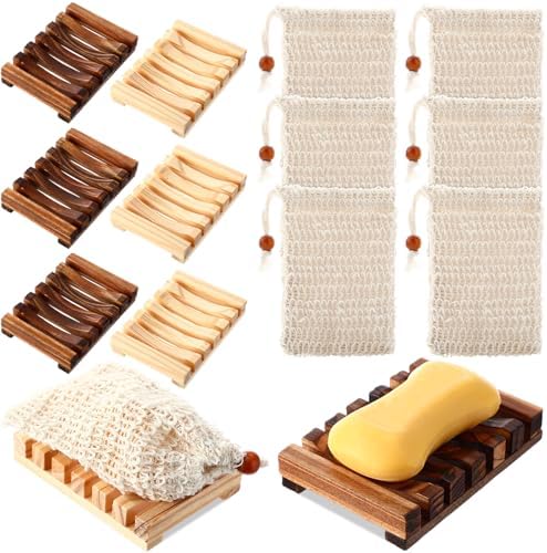 Mumufy 12 Pcs Bamboo Soap Dish Sisal Bag Drain,Mixed Color,Bamboo, Wooden by Mumufy