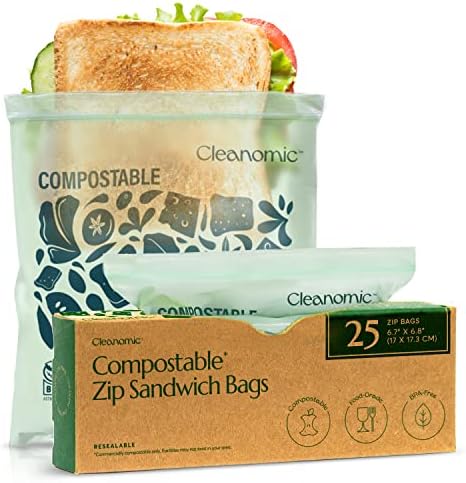 Cleanomic Compostable* Sandwich Size Food Storage Bags (25 Eco Zip) Freezer and Leak Proof, Also Available Gallon, Quart and Snack Size Bags by Cleanomic