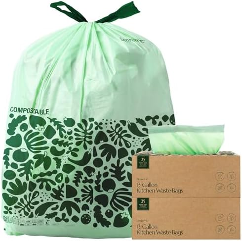 Cleanomic Compostable* 13 Gallon Waste Bags with Drawstring (2 Pack, 50 Count), BPI Certified For Kitchen Compost by Cleanomic