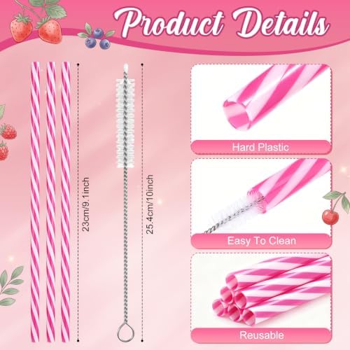 Honeydak 50 Pcs Reusable Plastic Straws Bulk,Rose Red Stripe - Image 2