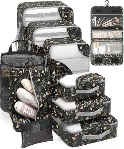 OlarHike Packing Cubes for Travel,Gifts for Women Mom,Anti-Tearing Suitcase Organizer for Luggage with Shoe & Hanging Toiletry Bag,Vacation Essentials & Accessories for Cruise Ship,10 Set,Black Flower by OlarHike