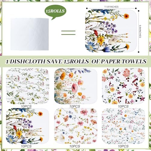 60 Pack Reusable Kitchen Cloths Cotton Towels, Wildflowers - Image 2