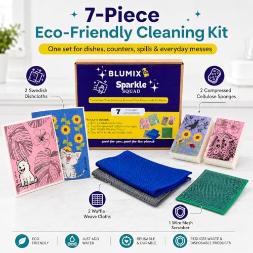 Ultimate Cleaning Kit – 7 Items: 2 Swedish Dishcloths, 2 Compressed Cellulose Sponges, 2 Glass Cleaning Cloths, 1 Mesh Scrubbing Cloth (No Metal) | Low-Waste, Plant-Based Essentials - Image 2